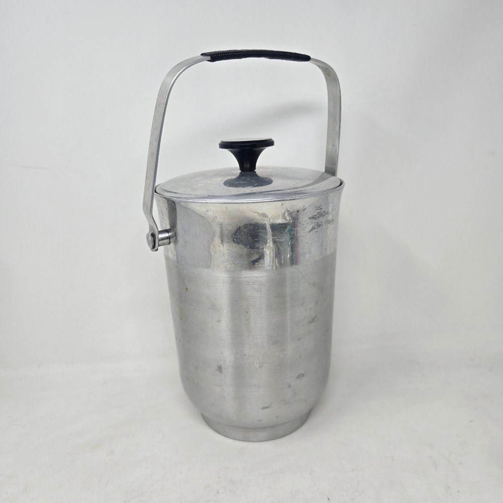 Vintage B-711 Italy Brushed Aluminum Ice Bucket Mid Century Modern Barware Lid